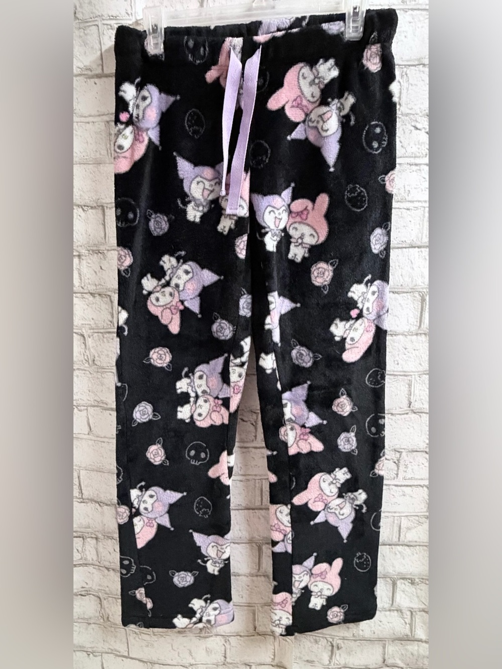 Hello Kitty Black Plush Pajama Pants with Pink & Lavender Characters